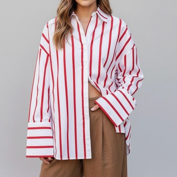 ECLE SWIM Reverie Oversized Shirt, Red White Stripes, M/L - Picture 3 of 11